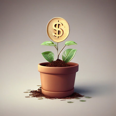 Pot of plant with gold coin flower png Images.Finance and Investment concept.Manage your spending and savings to improve your finances.の素材