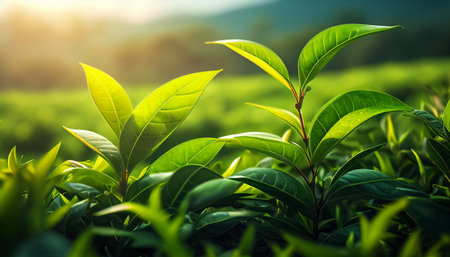 Green tea leaf close up with bokeh and sunlight background.Green tea is a popular beverage consumed around the world. It is also popular as a health drink.の素材