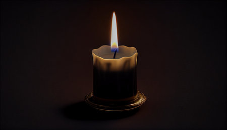Candle Light Power dark background. Isolated burning candle flame fire light composition in the dark background.の素材