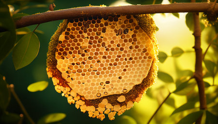 Natural beehive,yellow honey hive hanging on tree branch.Honey is a natural sweetener that can be used as a sugar substitute in healthy foods and beverages.の素材