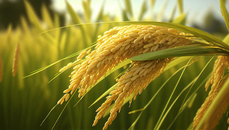 Ear of rice in the rice field, closeup of rice ears.Close up of paddy rice plant ready for harvest.の素材