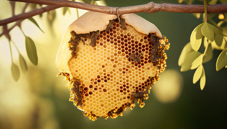 Natural beehive,yellow honey hive hanging on tree branch.Honey is a natural sweetener that can be used as a sugar substitute in healthy foods and beverages.の素材