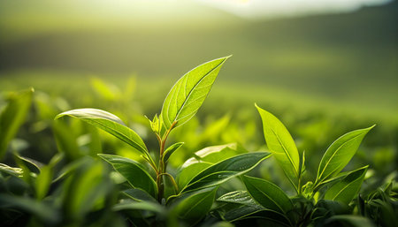 Green tea leaf close up with bokeh and sunlight background.Green tea is a popular beverage consumed around the world. It is also popular as a health drink.の素材