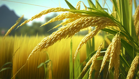 Paddy rice in the field with blue sky, soft focus.Close up of paddy rice plant ready for harvest.の素材