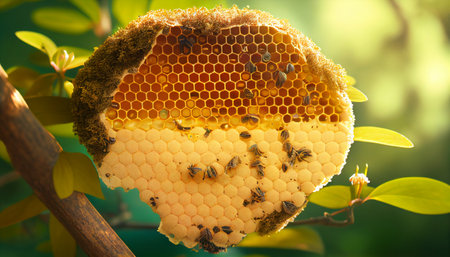 Honeycomb with bees on a green background, close-up.の素材
