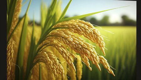 Ear of rice in rice field at sunset, closeup. Agricultural background.Close up of paddy rice plant ready for harvest.の素材