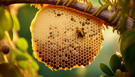 Honeycomb with a wasp on it. The concept of natural breeding of bees.の素材