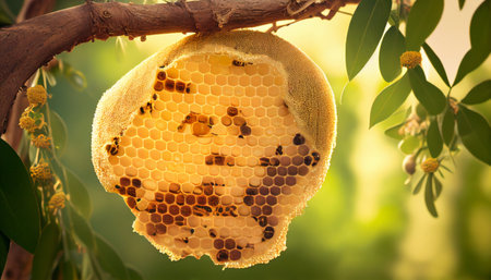 Honeycomb with bees and honeycombs on the tree.の素材