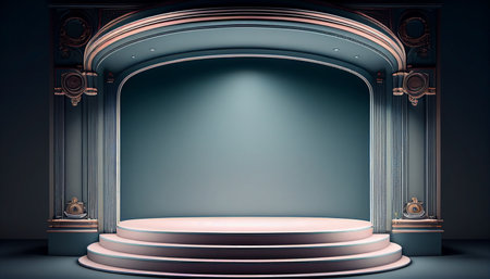 Stage Podium Scene for Award Ceremony illuminated with spotlight. Award ceremony concept. 3D Rendering.の素材