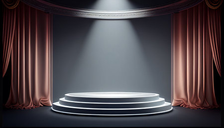 Stage podium with lighting, Stage Podium Scene with for Award Ceremony on black Background, Vector illustration.の素材