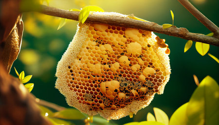 Honeycomb with honey on a tree branch. Selective focus. nature.の素材