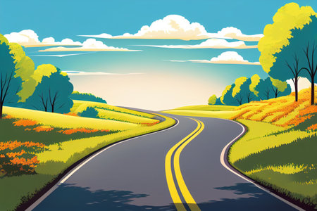Vector illustration of a country road in the middle of the forest.の素材