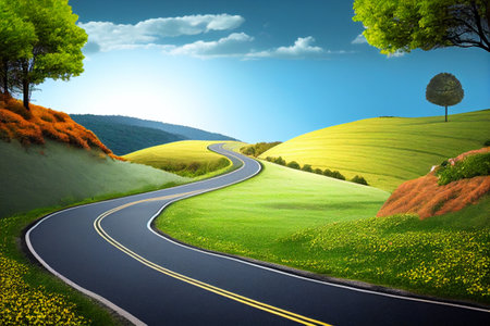 Long road ahead with green field ,flower and blue sky.Long and winding road passing through green hills.Driving during holiday travel. Stunning beautiful scenery along the way.の素材