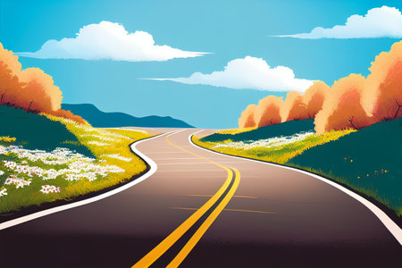 Long road ahead with green field ,flower and blue sky.Long and winding road passing through green hills.Driving during holiday travel. Stunning beautiful scenery along the way.の素材