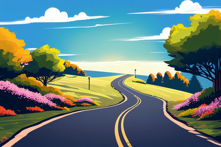 Long road ahead with green field ,flower and blue sky.Long and winding road passing through green hills.Driving during holiday travel. Stunning beautiful scenery along the way.の素材