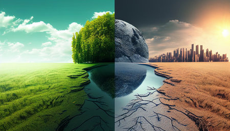 Collage of three seasons - spring, summer, autumn and winter.Global Warming VS Climate Change. Earth Will Continue to Warm and the Effects.の素材