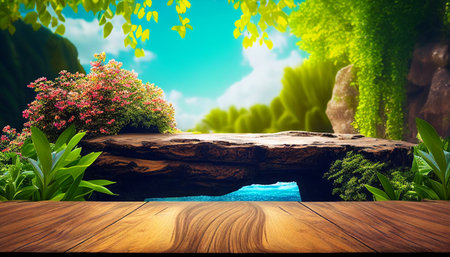 Wood top table with blue sky ,waterfall, flower,tropical background. Wooden plank long table top with outdoor on blurred waterfall background.Beautiful scenery.の素材