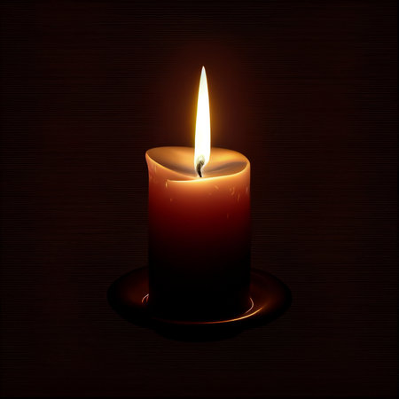 Burning candle on dark background. Vector illustration. Candle flame fire light isolated dark background. Candle flame close up on a black background.の素材