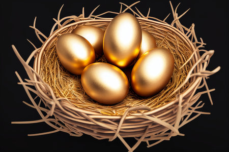 Golden eggs in a nest on a black background. 3d illustration ,golden eggs shine in the nest,golden light background.Investment and business concept.の素材