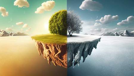 3d render of green island with tree on top and cloudy sky.Global Warming VS Climate Change. Earth Will Continue to Warm and the Effects.の素材