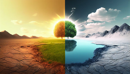 Green tree in the desert. Collage. 3D render ,global Warming VS Climate Change. Earth Will Continue to Warm and the Effects.の素材