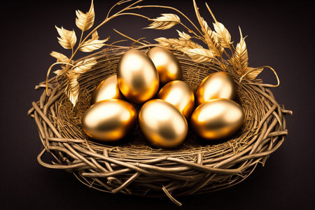 Golden eggs in a nest with golden leaves on a dark background.Golden eggs shine in the nest,golden light background.Investment and business concept.の素材