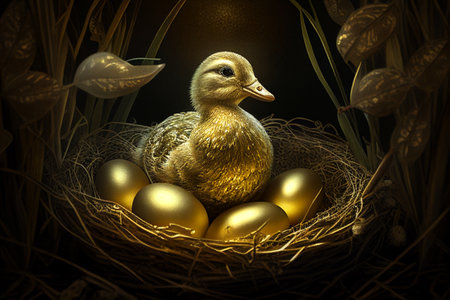 Golden duckling in the nest with eggs. 3D illustration.Duck,goose and golden eggs.Mother goose sits in a nest of golden eggs.Investment and business concept.の素材
