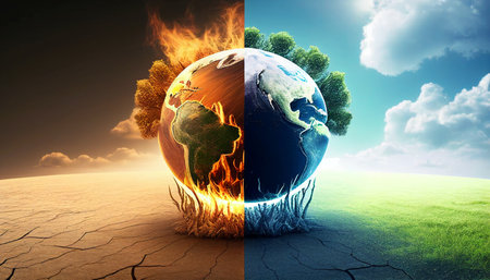 Earth burning in the desert. Global warming and climate change concept.Global Warming VS Climate Change. Earth Will Continue to Warm and the Effects.の素材