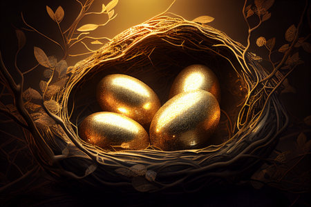 Golden easter eggs in nest on dark background. 3d illustration ,golden eggs shine in the nest,golden light background.Investment and business concept.の素材
