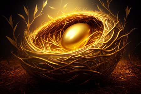 Golden egg in the nest on a dark background. 3d illustration golden eggs shine in the nest,golden light background.Investment and business concept.の素材