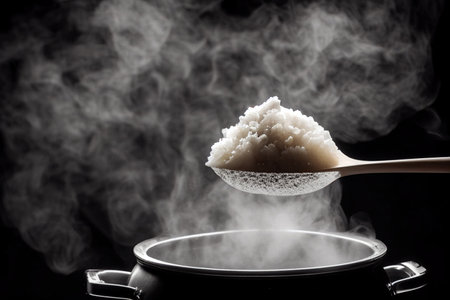 Rice ladle with hot smoke from the rice, from the rice cooker,rice bowl,black color Isolate background. Rice cooker,rice bowl and smoke selective focus.の素材