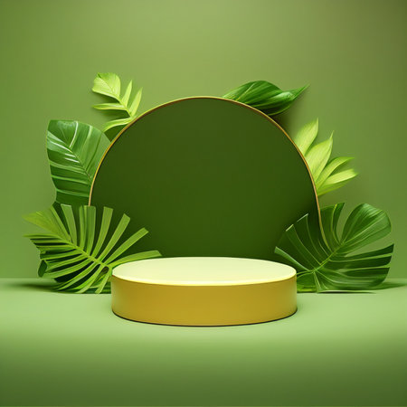 3d render, abstract minimal geometric forms. Glossy golden podium on green background with tropical leaves. Platform for product presentation.の素材