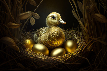 Golden duckling in nest with golden eggs. 3D illustration.Duck,goose and golden eggs.Mother goose sits in a nest of golden eggs.Investment and business concept.の素材