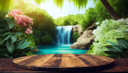Wood top table with blue sky ,waterfall, flower,tropical background. Wooden plank long table top with outdoor on blurred waterfall background.Beautiful scenery.の素材