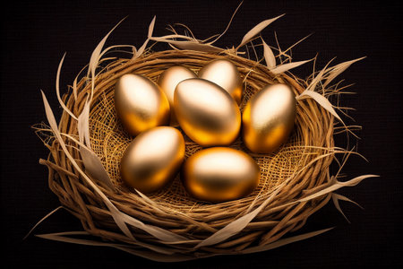 Golden eggs in a nest on a black background. Happy Easter, golden eggs shine in the nest,golden light background.Investment and business concept.の素材