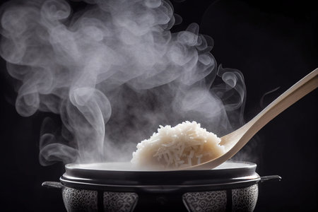Rice ladle with hot smoke from the rice, from the rice cooker,rice bowl,black color Isolate background. Rice cooker,rice bowl and smoke selective focus.の素材