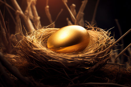 Golden egg in the nest on a black background. Easter concept.Golden eggs shine in the nest,golden light background.Investment and business concept.の素材
