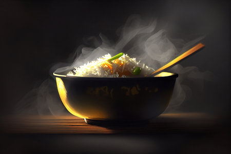 White steam rice with smoke on the wooden table,dark,isolate background.の素材