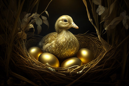 Easter composition with golden duckling in nest on dark background.Duck,goose and golden eggs.Mother goose sits in a nest of golden eggs.Investment and business concept.の素材