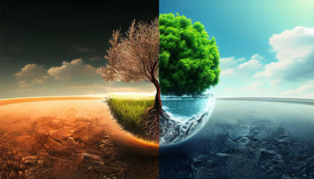 Conceptual image of green planet with tree in the middle.Global Warming VS Climate Change. Earth Will Continue to Warm and the Effects.の素材
