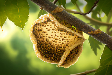 Honeycomb on a tree branch with green leaves in the background.Honey is a natural sweetener that can be used as a sugar substitute in healthy foods and beverages.の素材