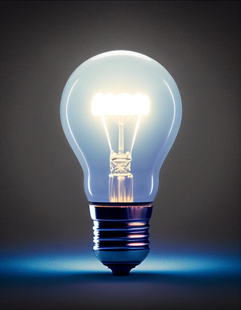 Light bulb glowing in darkness, concept of new idea and creativity.3D rendering,glowing light bulb isolated on dark background, graphic illustration.の素材