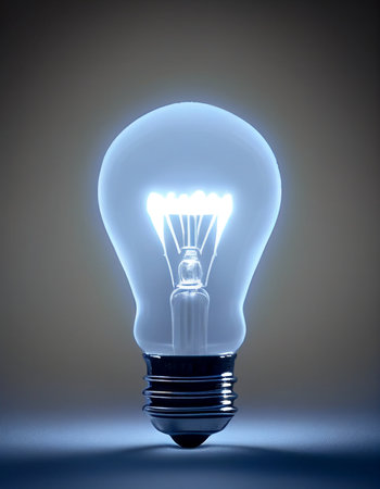 Glowing blue light bulb on grey background. 3D rendering,glowing light bulb isolated on dark background, graphic illustration.Lighting & Bulb Manufacturing industry.の素材