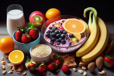Healthy breakfast with oatmeal, berries, fruits and milk.Realistic healthy food organic fruit mix ,healthy foods for breakfast, lunch & dinner,natural product.の素材