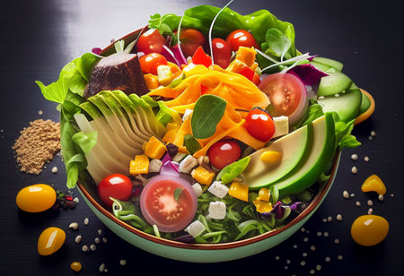 Salad with avocado, tomato, cucumber and feta cheese on a black background.Healthy Salads with Nutritional Benefits.Realistic food illustrations.の素材