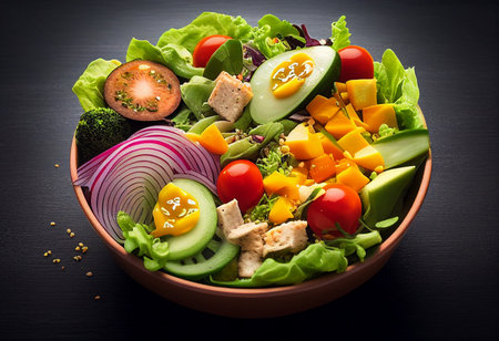 Fresh vegetable salad in bowl on black background. Healthy food concept.Healthy Salads with Nutritional Benefits.Realistic food illustrations.の素材