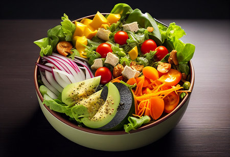 Fresh vegetable salad with avocado, tomatoes, lettuce, cucumber and red onion.Healthy Salads with Nutritional Benefits.Realistic food illustrations.の素材
