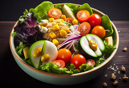 Salad bowl with quinoa, avocado, corn, tomato and cucumber.Healthy Salads with Nutritional Benefits.Realistic food illustrations.の素材