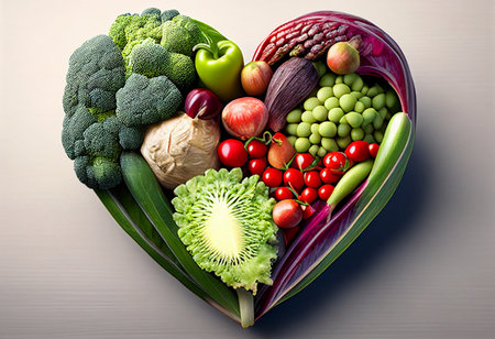 Healthy heart made of fresh fruits and vegetables. Healthy food concept,vegan foods,vegetarian,plant-based food,clean food,organic food,keto vegan diet,isolate background.の素材