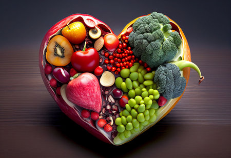 Healthy heart made of fruits and vegetables on a dark background.Vegan foods,vegetarian,plant-based food,clean food,organic food,keto vegan diet,isolate background.の素材